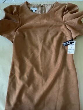 Bar III Camel Faux Suede Puff-Sleeve Shift Dress, NWT, Size S